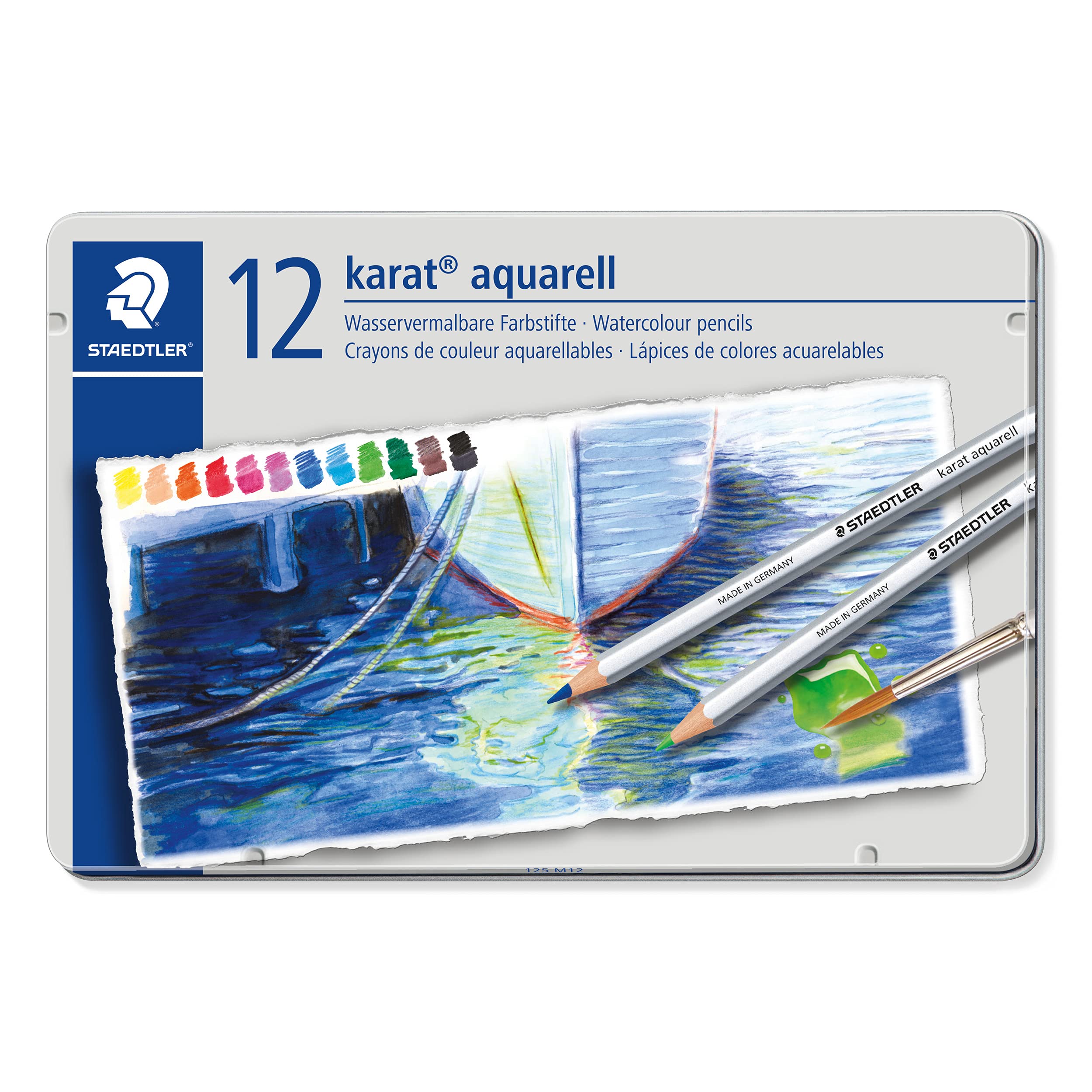 STAEDTLER 125 M12 Karat Aquarell Watercolour Colouring Pencil - Assorted Colours (Tin of 12 Pencils) 12 count (Pack of 1)