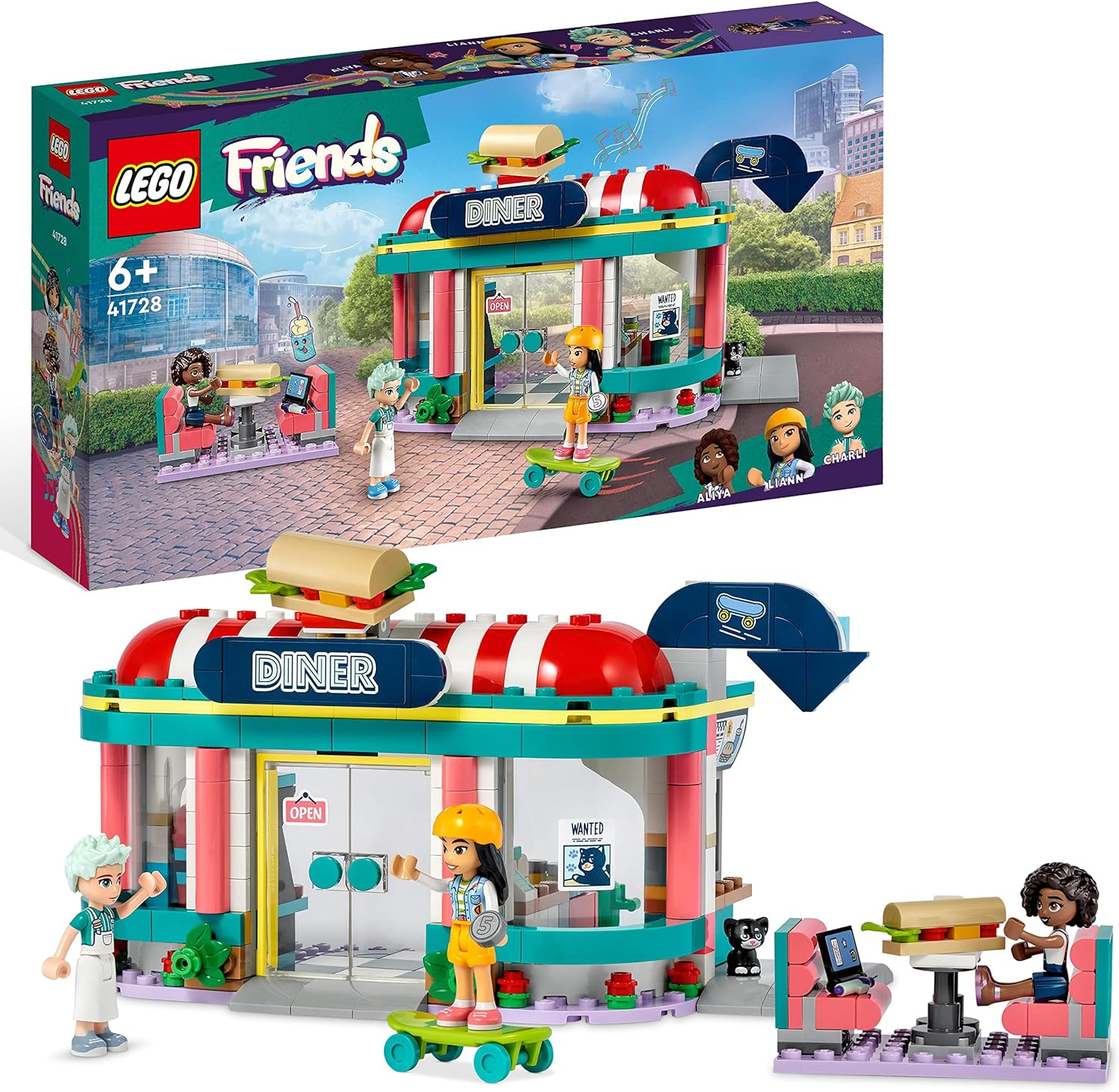 LEGO Friends Heartlake Downtown Diner Restaurant Playset, Toy for Kids Aged 6 Plus, Birthday Gift Idea with Liann, Aliya and Charli Mini-Dolls, 2023 Series Characters 41728