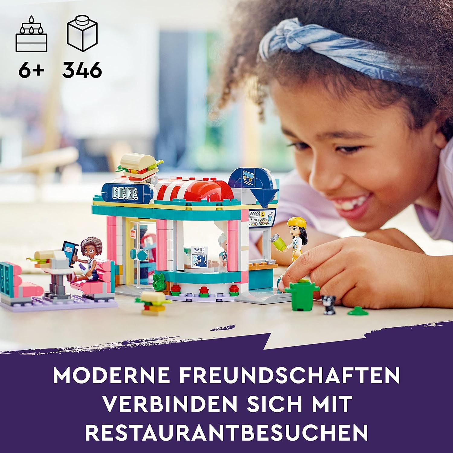LEGO Friends Heartlake Downtown Diner Restaurant Playset, Toy for Kids Aged 6 Plus, Birthday Gift Idea with Liann, Aliya and Charli Mini-Dolls, 2023 Series Characters 41728