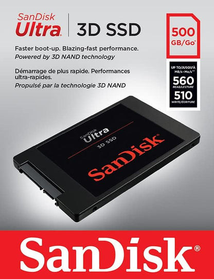 SanDisk Ultra 3D SSD 500 GB interne Festplatte (SSD intern 2,5 Zoll, stoßbeständig, 3D NAND-Technologie, n-Cache 2.0-Technologie, 560 MB/s Übertragungsraten) Schwarz