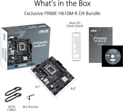 ASUS Prime H610M-K D4 Intel H610 (LGA 1700) mic-ATX motherboard with DDR4, PCIe 4.0, M.2 slot, Realtek 1 Gb Ethernet, HDMI, D-Sub,USB 3.2 Gen 1 ports, SATA 6 Gbps, COM header, RGB header