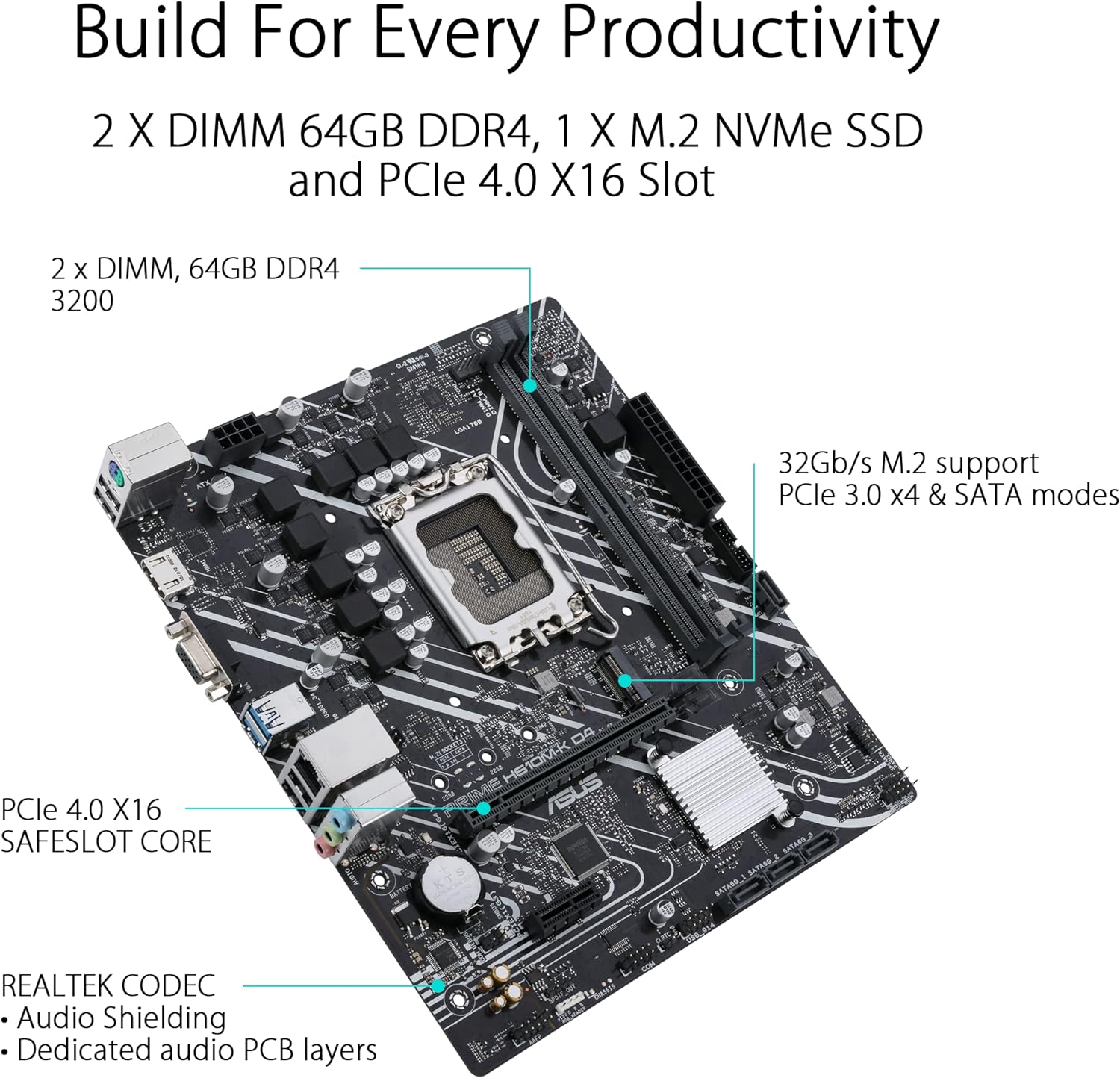 ASUS Prime H610M-K D4 Intel H610 (LGA 1700) mic-ATX motherboard with DDR4, PCIe 4.0, M.2 slot, Realtek 1 Gb Ethernet, HDMI, D-Sub,USB 3.2 Gen 1 ports, SATA 6 Gbps, COM header, RGB header