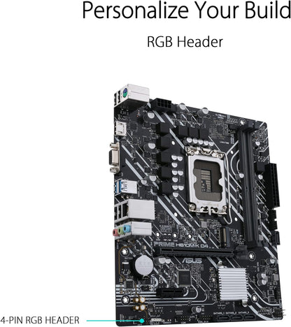 ASUS Prime H610M-K D4 Intel H610 (LGA 1700) mic-ATX motherboard with DDR4, PCIe 4.0, M.2 slot, Realtek 1 Gb Ethernet, HDMI, D-Sub,USB 3.2 Gen 1 ports, SATA 6 Gbps, COM header, RGB header