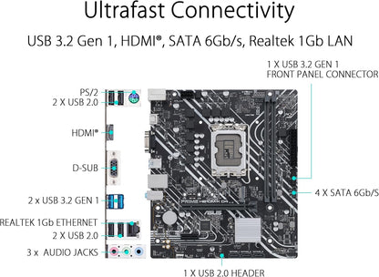 ASUS Prime H610M-K D4 Intel H610 (LGA 1700) mic-ATX motherboard with DDR4, PCIe 4.0, M.2 slot, Realtek 1 Gb Ethernet, HDMI, D-Sub,USB 3.2 Gen 1 ports, SATA 6 Gbps, COM header, RGB header