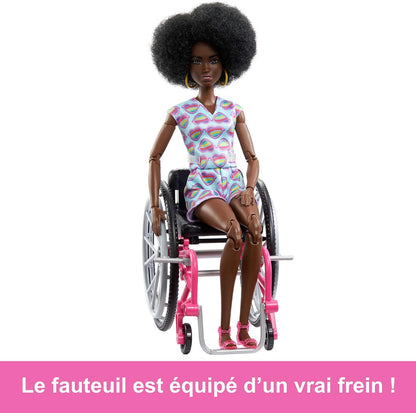 Barbie Doll with Wheelchair and Ramp, Kids Toys, Barbie Fashionistas, Curly Black Hair, Rainbow Heart Romper, Clothes and Accessories, HJT14