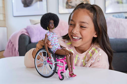 Barbie Doll with Wheelchair and Ramp, Kids Toys, Barbie Fashionistas, Curly Black Hair, Rainbow Heart Romper, Clothes and Accessories, HJT14