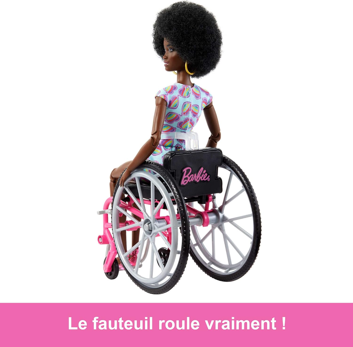 Barbie Doll with Wheelchair and Ramp, Kids Toys, Barbie Fashionistas, Curly Black Hair, Rainbow Heart Romper, Clothes and Accessories, HJT14