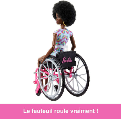 Barbie Doll with Wheelchair and Ramp, Kids Toys, Barbie Fashionistas, Curly Black Hair, Rainbow Heart Romper, Clothes and Accessories, HJT14