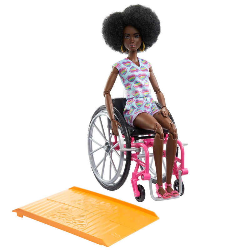 Barbie Doll with Wheelchair and Ramp, Kids Toys, Barbie Fashionistas, Curly Black Hair, Rainbow Heart Romper, Clothes and Accessories, HJT14
