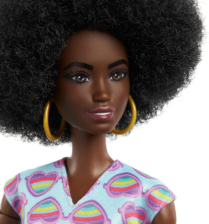Barbie Doll with Wheelchair and Ramp, Kids Toys, Barbie Fashionistas, Curly Black Hair, Rainbow Heart Romper, Clothes and Accessories, HJT14