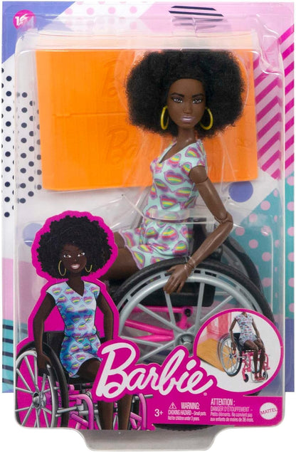 Barbie Doll with Wheelchair and Ramp, Kids Toys, Barbie Fashionistas, Curly Black Hair, Rainbow Heart Romper, Clothes and Accessories, HJT14