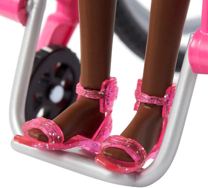 Barbie Doll with Wheelchair and Ramp, Kids Toys, Barbie Fashionistas, Curly Black Hair, Rainbow Heart Romper, Clothes and Accessories, HJT14