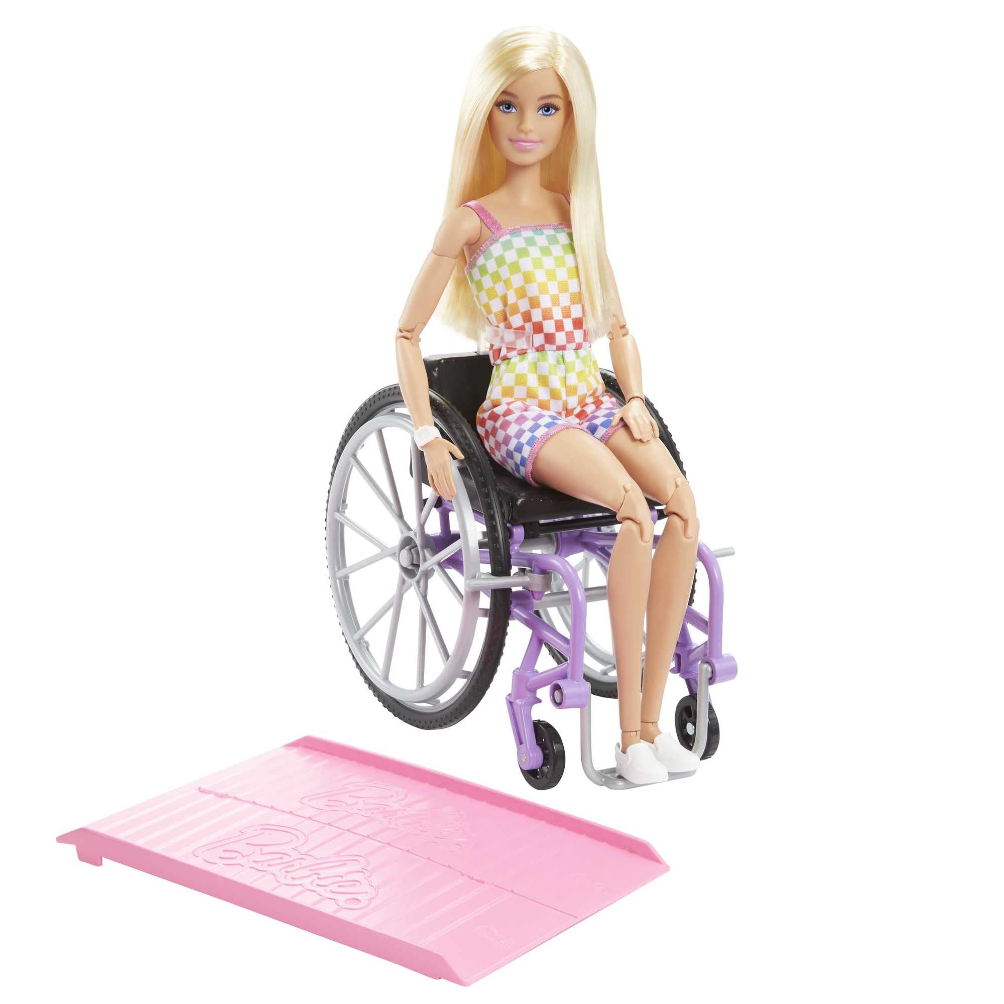 Barbie Doll with Wheelchair and Ramp, Kids Toys and Gifts, Blonde, Barbie Fashionistas, Rainbow Romper, Clothes and Accessories, HJT13