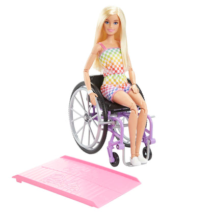 Barbie Doll with Wheelchair and Ramp, Kids Toys and Gifts, Blonde, Barbie Fashionistas, Rainbow Romper, Clothes and Accessories, HJT13