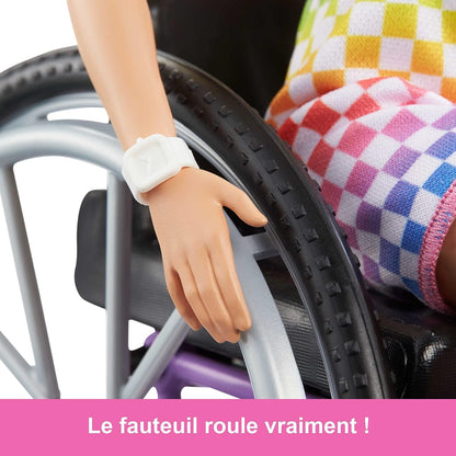 Barbie Doll with Wheelchair and Ramp, Kids Toys and Gifts, Blonde, Barbie Fashionistas, Rainbow Romper, Clothes and Accessories, HJT13