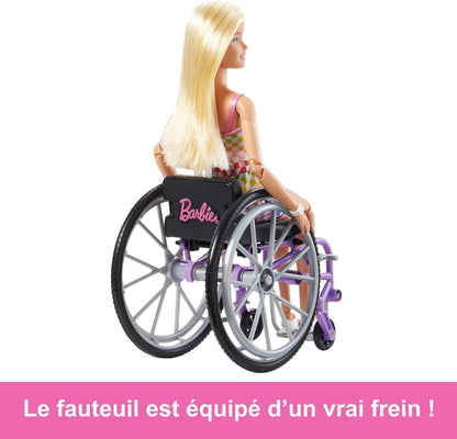 Barbie Doll with Wheelchair and Ramp, Kids Toys and Gifts, Blonde, Barbie Fashionistas, Rainbow Romper, Clothes and Accessories, HJT13