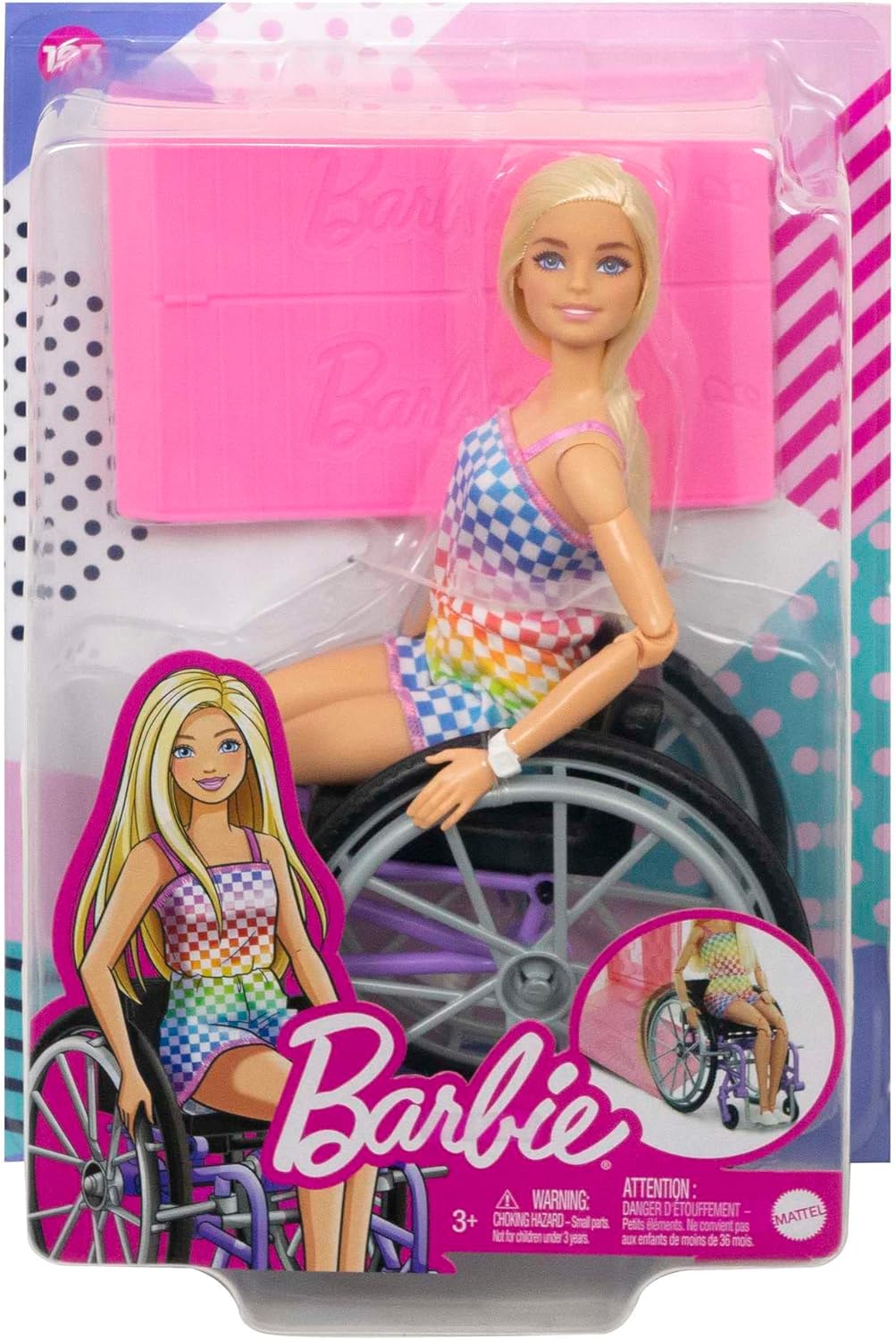 Barbie Doll with Wheelchair and Ramp, Kids Toys and Gifts, Blonde, Barbie Fashionistas, Rainbow Romper, Clothes and Accessories, HJT13