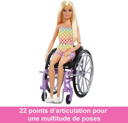 Barbie Doll with Wheelchair and Ramp, Kids Toys and Gifts, Blonde, Barbie Fashionistas, Rainbow Romper, Clothes and Accessories, HJT13