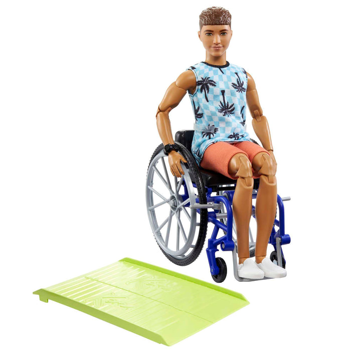 Barbie Ken Doll with Wheelchair & Ramp, Kids Toys, Fashionistas, Brunette with Beachy Tee and Orange Shorts, Clothes and Accessories, HJT59 Ken Beachy Shirt