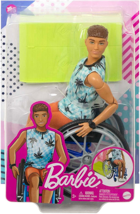 Barbie Ken Doll with Wheelchair & Ramp, Kids Toys, Fashionistas, Brunette with Beachy Tee and Orange Shorts, Clothes and Accessories, HJT59 Ken Beachy Shirt