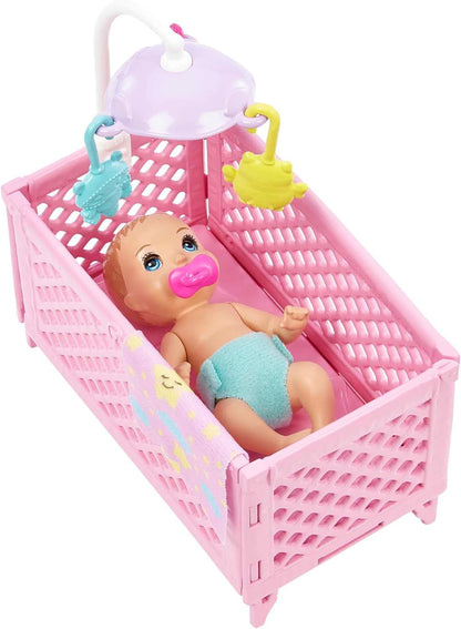 Barbie Doll and Accessories, Crib Playset with Skipper Doll, Baby Doll with Sleepy Eyes, Furniture and Themed Accessories, Babysitters Inc., HJY33 Modern