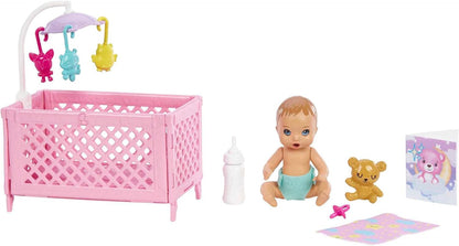 Barbie Doll and Accessories, Crib Playset with Skipper Doll, Baby Doll with Sleepy Eyes, Furniture and Themed Accessories, Babysitters Inc., HJY33 Modern