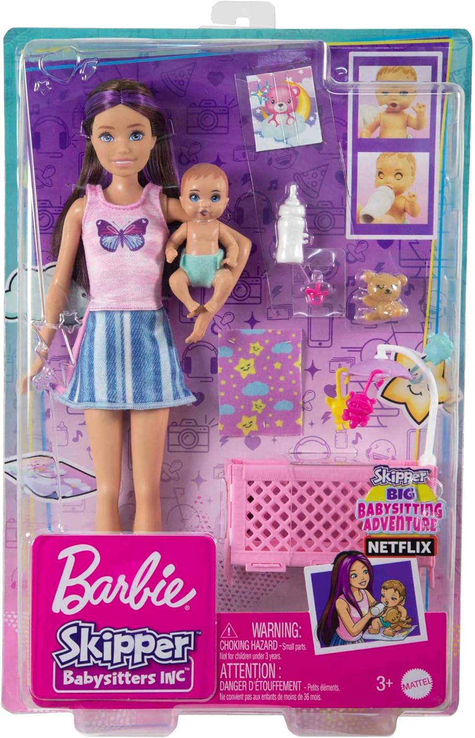 Barbie Doll and Accessories, Crib Playset with Skipper Doll, Baby Doll with Sleepy Eyes, Furniture and Themed Accessories, Babysitters Inc., HJY33 Modern