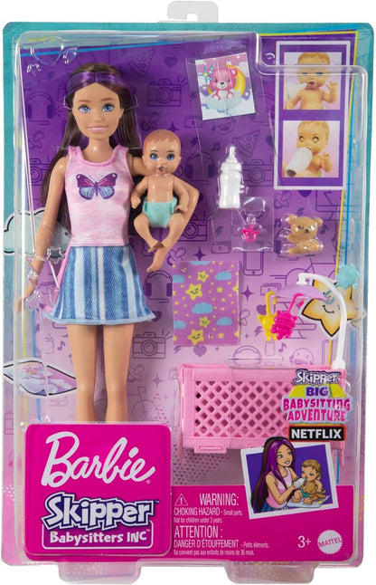Barbie Doll and Accessories, Crib Playset with Skipper Doll, Baby Doll with Sleepy Eyes, Furniture and Themed Accessories, Babysitters Inc., HJY33 Modern
