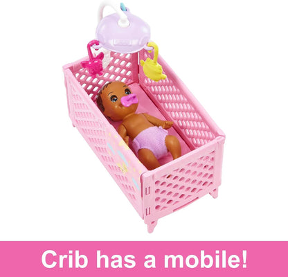 Barbie Doll and Accessories, Crib Playset with Skipper Friend Doll, Baby Doll with Sleepy Eyes, Furniture and Themed Accessories Modern