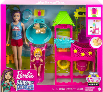 Barbie Toys, Skipper Doll and Waterpark Playset with Working Water Slide, Puppy Squirt-Toy, 5+ Accessories and More, First Jobs, HKD80