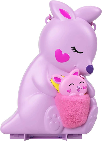 Polly Pocket Mini Toys, Mama and Joey Kangaroo Purse 2-in-1 Compact Playset with 2 Micro Dolls and Accessories, Travel Toys, HKV50