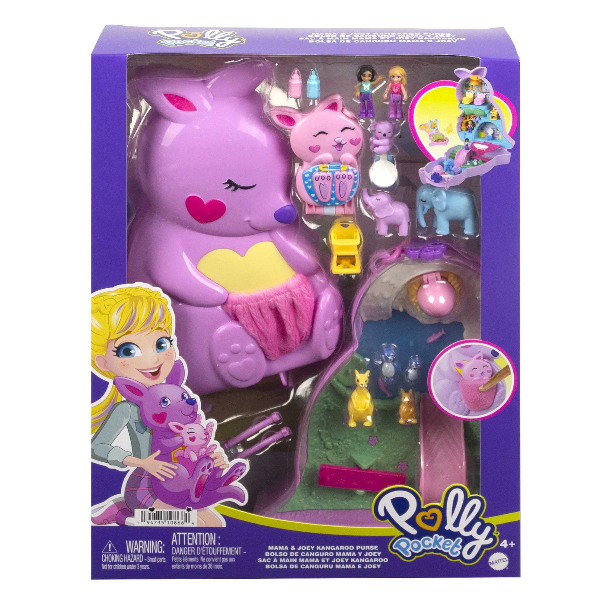 Polly Pocket Mini Toys, Mama and Joey Kangaroo Purse 2-in-1 Compact Playset with 2 Micro Dolls and Accessories, Travel Toys, HKV50