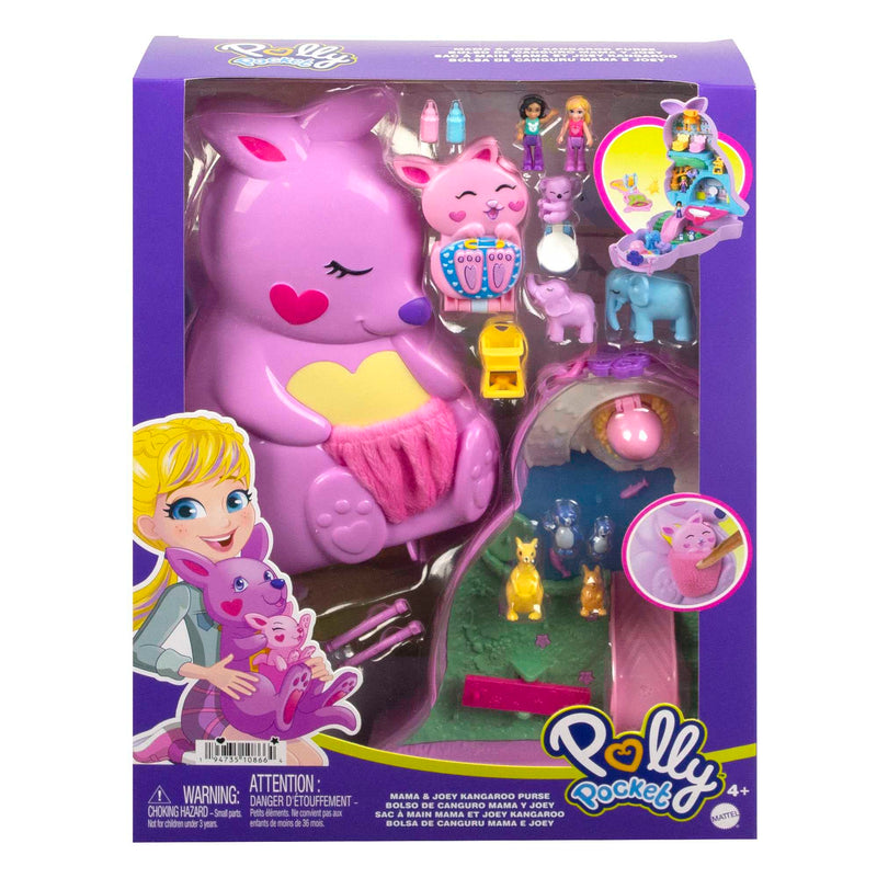 Polly Pocket Mini Toys, Mama and Joey Kangaroo Purse 2-in-1 Compact Playset with 2 Micro Dolls and Accessories, Travel Toys, HKV50