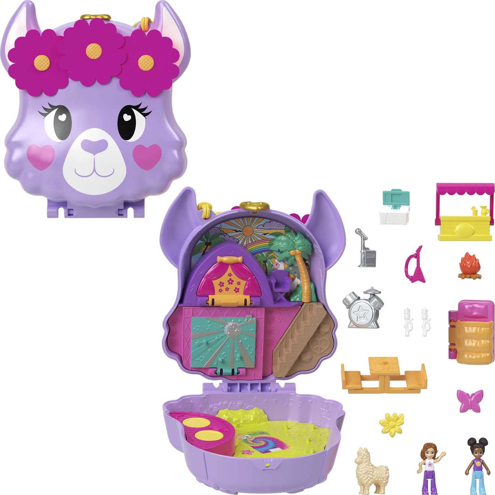Polly Pocket Mini Toys, Camp Adventure Llama Compact Playset with 2 Micro Dolls and 13 Accessories, Pocket World Travel Toys with Surprise Reveals, HKV33