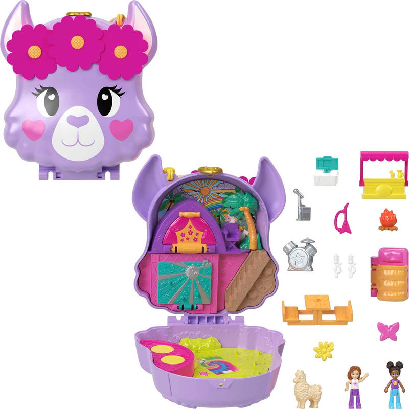 Polly Pocket Mini Toys, Camp Adventure Llama Compact Playset with 2 Micro Dolls and 13 Accessories, Pocket World Travel Toys with Surprise Reveals, HKV33
