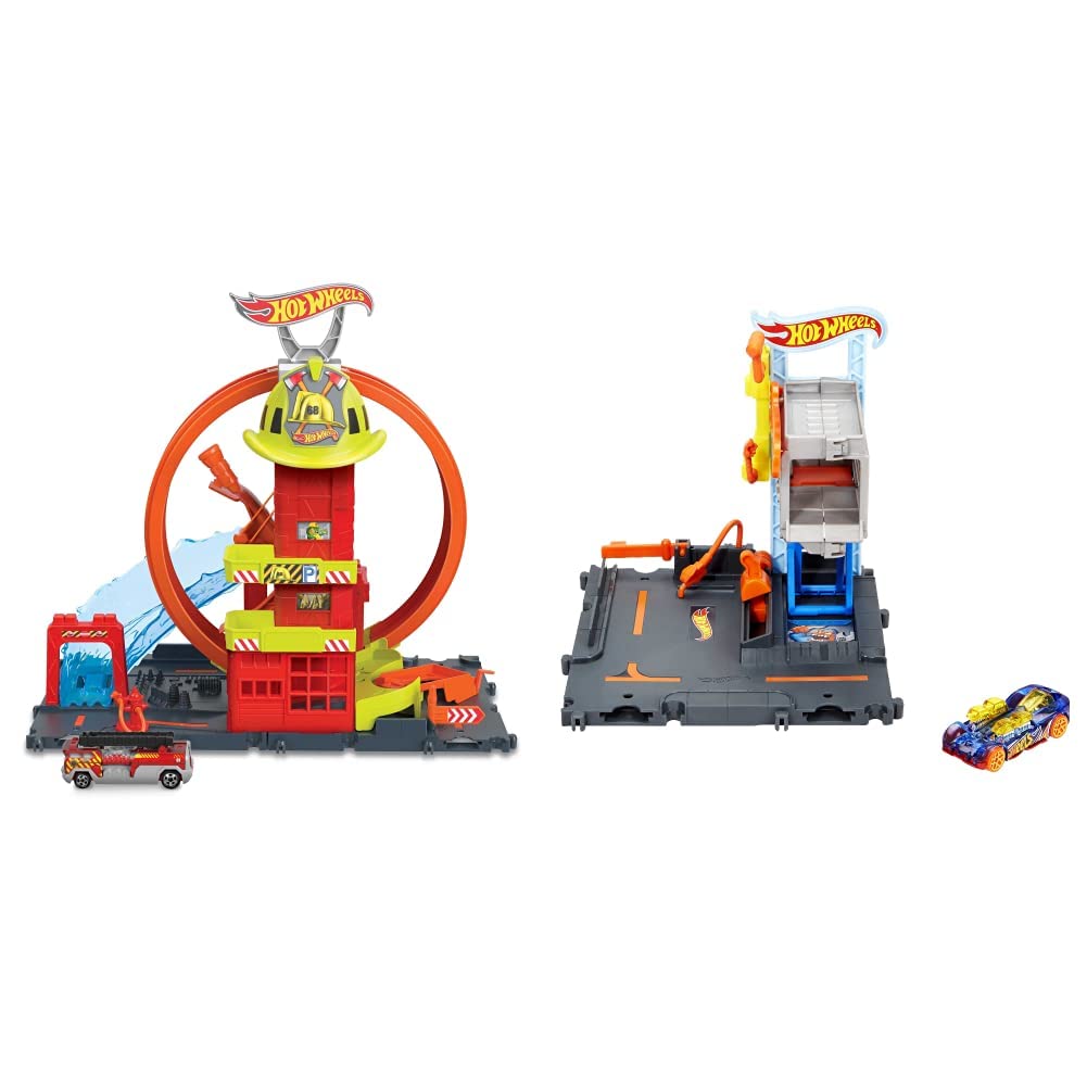 Hot Wheels City with 1 Toy Car, Kid-Powered Elevator, Water-Like Ramp, Track-Play Features, Connects to Other Sets, Fire Station with Super Loop, HKX41
