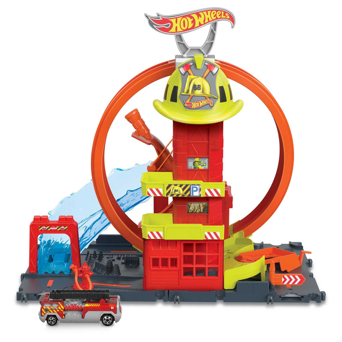 Hot Wheels City with 1 Toy Car, Kid-Powered Elevator, Water-Like Ramp, Track-Play Features, Connects to Other Sets, Fire Station with Super Loop & City Downtown Repair Station Playset + City Downtow