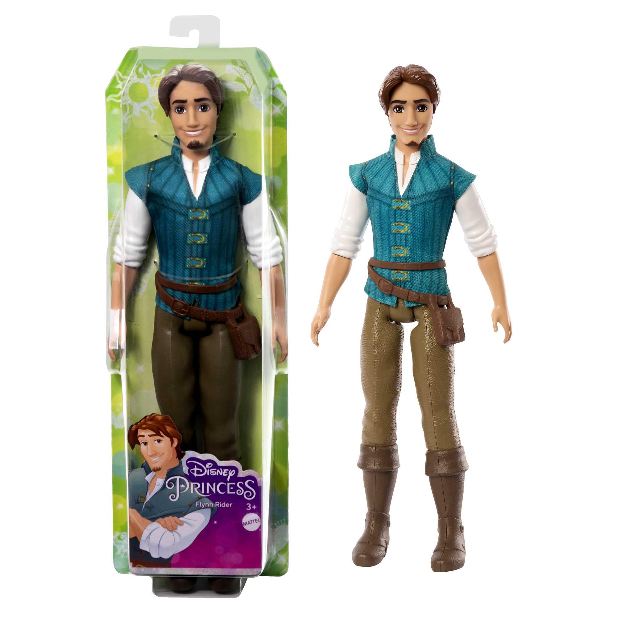 Mattel Disney Princesses Poupée articulée Flynn Rider avec tenue emblématique avec chemise en tissu, sacoche à la ceinture, pantalon et bottes moulés, à collectionner, Jouet Enfant, Dès 3 ans, HLV98