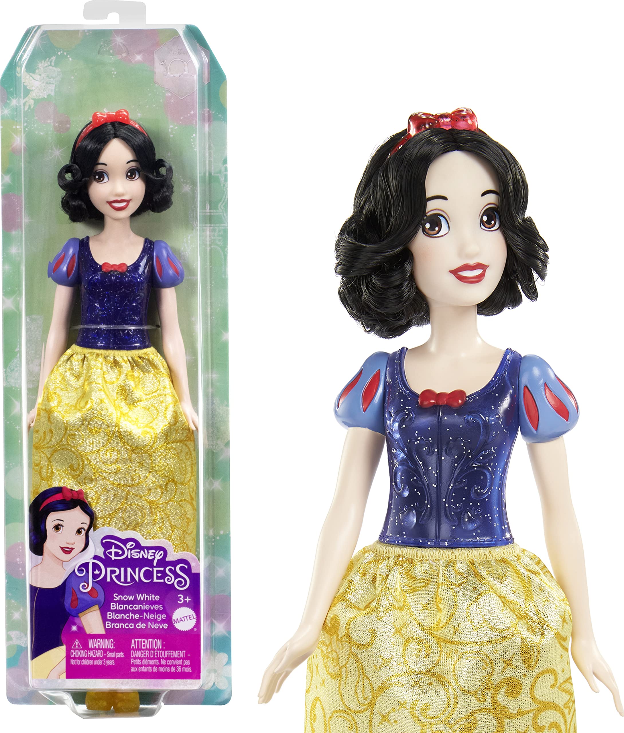 Mattel Disney Prinzessin-Spielzeug, bewegliche Schneewittchen-Modepuppe mit glitzernder Kleidung und Accessoires, inspiriert vom Disney-Film, Geschenk für Kinder, HLW08