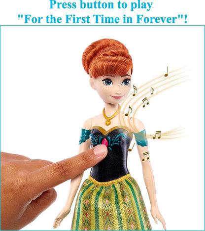 Disney La Reine des Neiges Poupée Anna Chantante, Tenue du Film Inclue, Version Anglaise, À Collectionner, Jouet pour Enfant de 3 Ans et Plus, HLW56