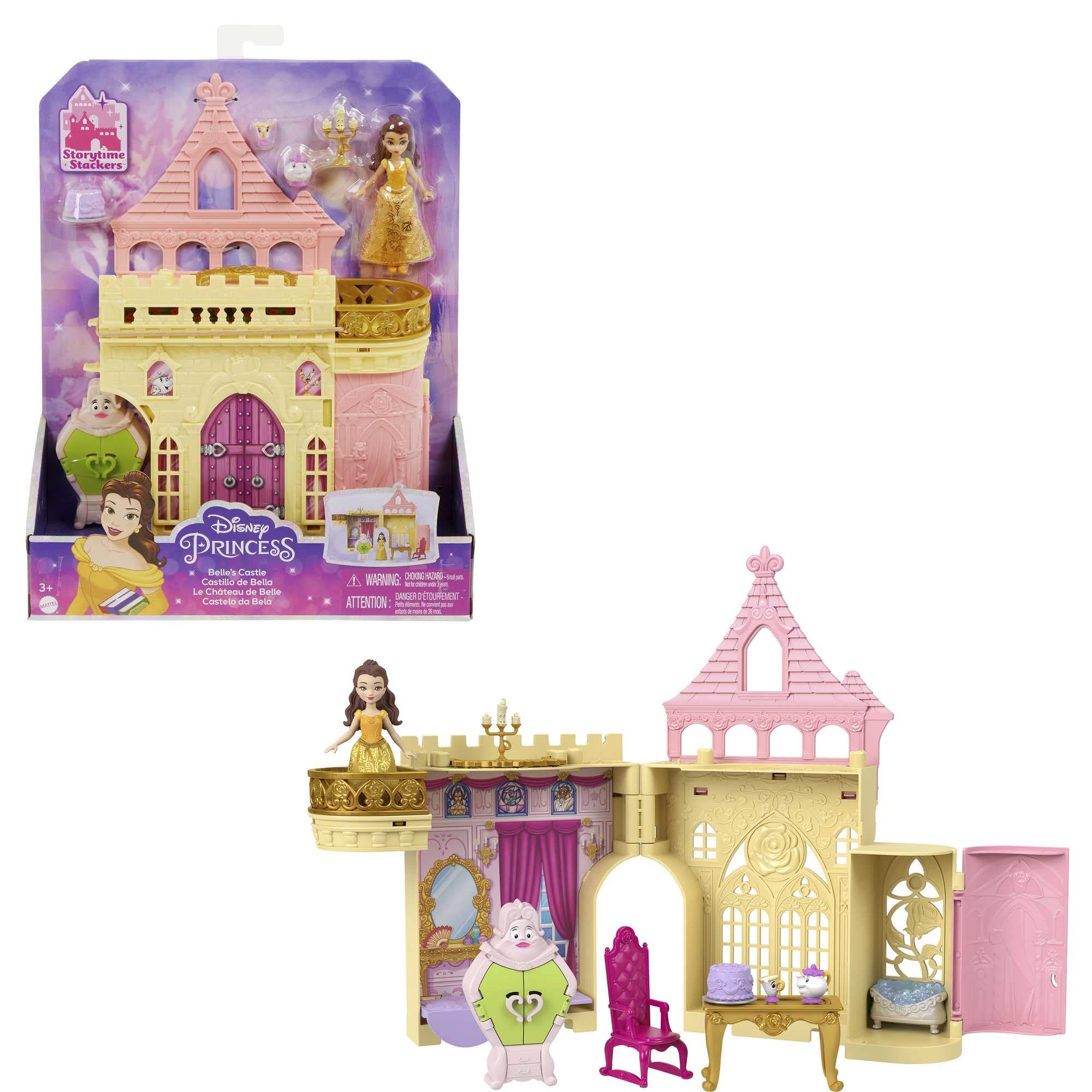 Mattel Disney Princess Toys, Belle Stackable Castle Doll House Playset with Small Doll and 8 Pieces, Inspired by the Disney Movie, Kids Travel Toys and Gifts, HLW94
