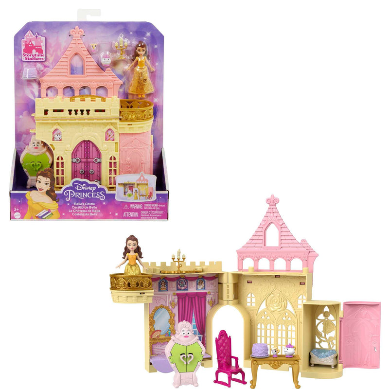 Mattel Disney Princess Toys, Belle Stackable Castle Doll House Playset with Small Doll and 8 Pieces, Inspired by the Disney Movie, Kids Travel Toys and Gifts, HLW94