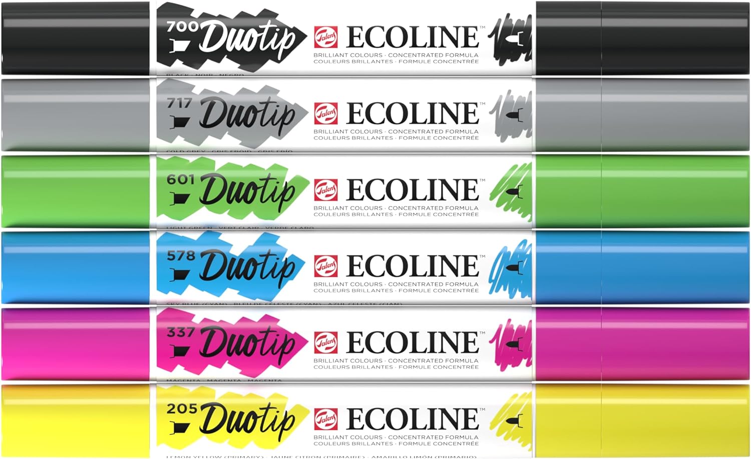 Ecoline Duotip flüssige Aquarellstifte 6er-Set – Grundfarben | Stifte mit feiner Kugelspitze und breiter Keilspitze
