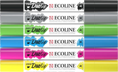 Ecoline Duotip flüssige Aquarellstifte 6er-Set – Grundfarben | Stifte mit feiner Kugelspitze und breiter Keilspitze