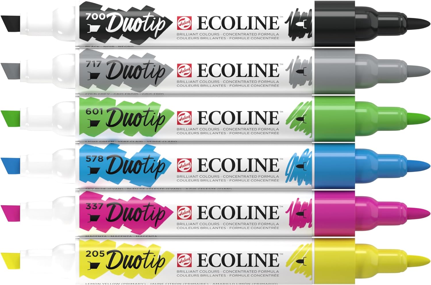 Ecoline Duotip flüssige Aquarellstifte 6er-Set – Grundfarben | Stifte mit feiner Kugelspitze und breiter Keilspitze
