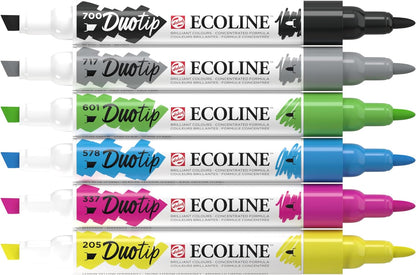 Ecoline Duotip flüssige Aquarellstifte 6er-Set – Grundfarben | Stifte mit feiner Kugelspitze und breiter Keilspitze