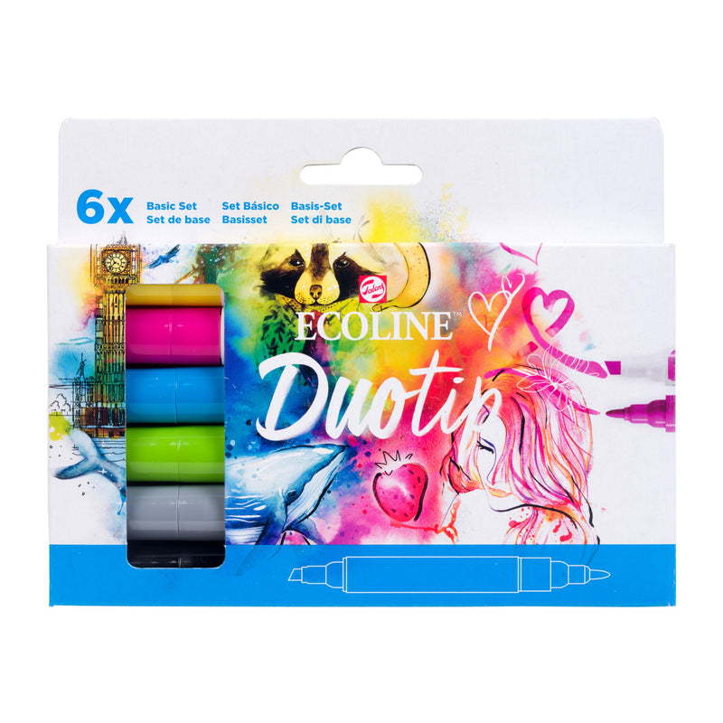 Ecoline Duotip flüssige Aquarellstifte 6er-Set – Grundfarben | Stifte mit feiner Kugelspitze und breiter Keilspitze