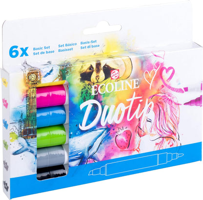 Ecoline Duotip flüssige Aquarellstifte 6er-Set – Grundfarben | Stifte mit feiner Kugelspitze und breiter Keilspitze