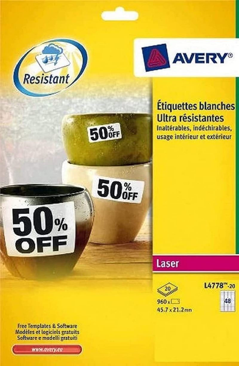 Avery White Heavy Duty Labels - Laser - L4778 - Etiquetas de impresora (Color blanco, Laser, 45.7 x 21.2 mm