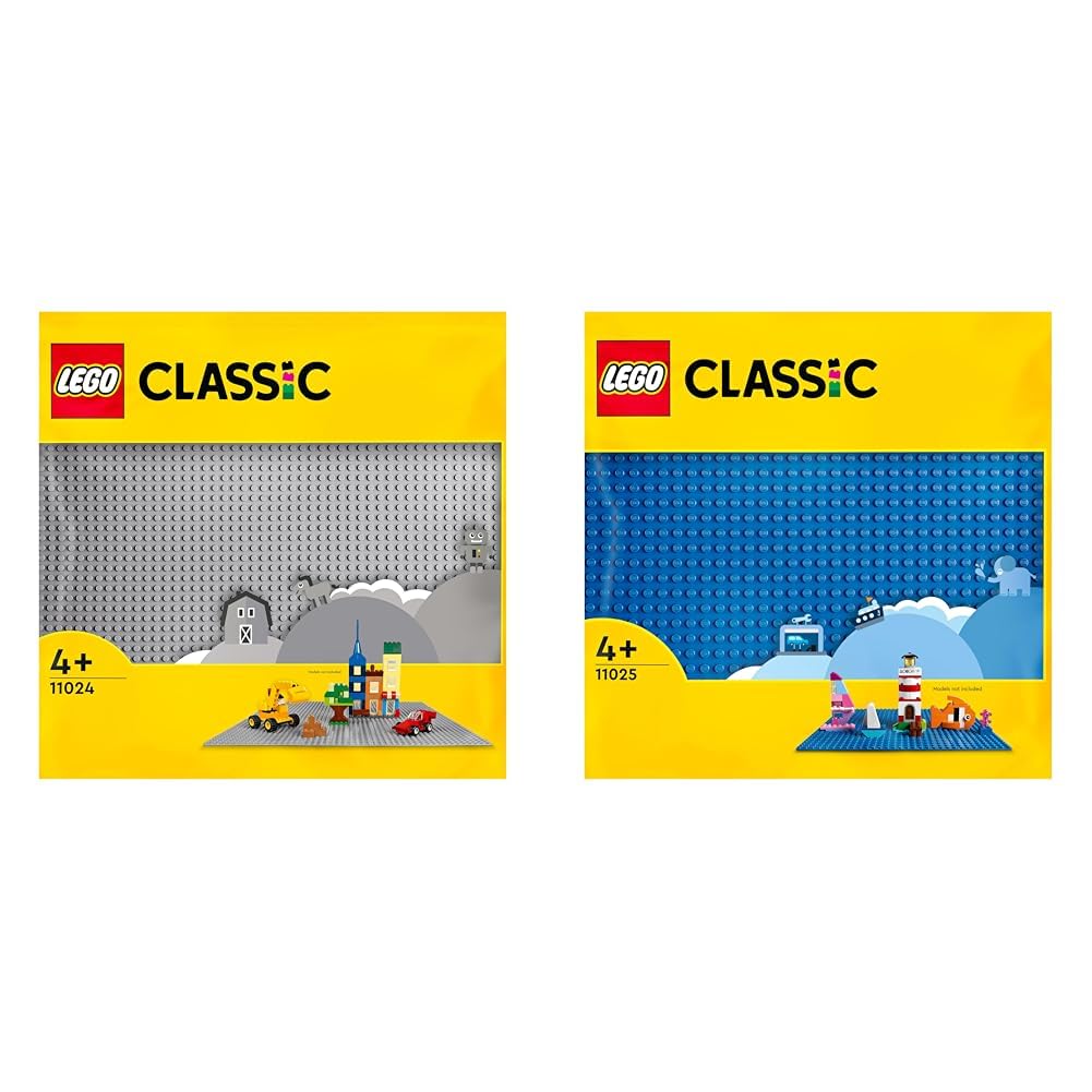 LEGO 11024 Classic Grey Baseplate, 48x48 Stud Building Base, Build and Display Board Set & 11025 Classic Blue Baseplate Building Base, Square 32x32 Build and Display Board, Construction Toy for Kids